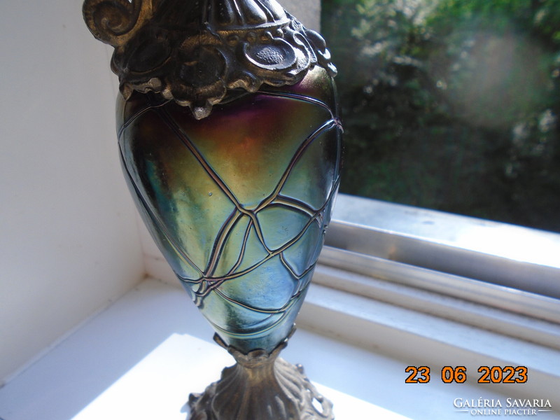 Loetz eosin, green, blue, purple glass with gold tones, Art Nouveau carafe with bronze fittings