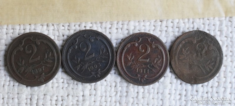 2 Heller 1913 , 1897 , 1903 , 1911 , 4 pieces , Austria