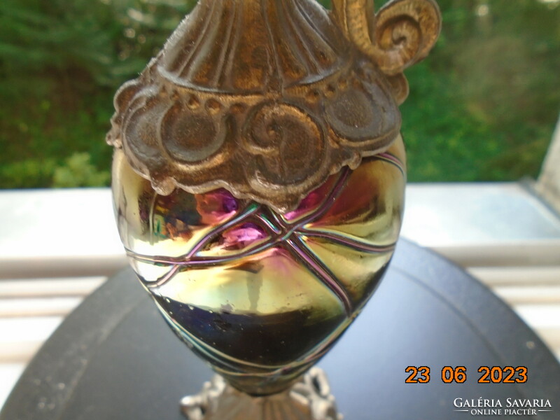 Loetz eosin, green, blue, purple glass with gold tones, Art Nouveau carafe with bronze fittings