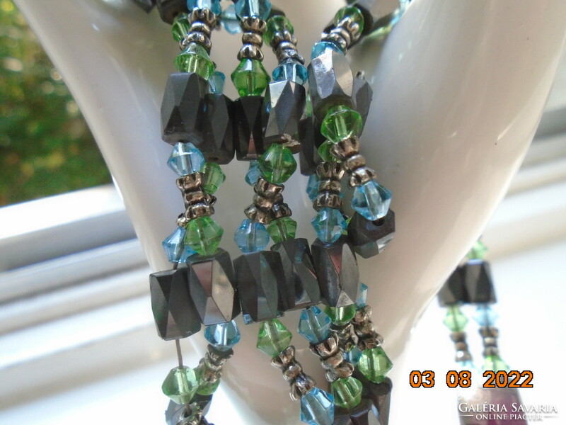 Faceted Hematite Magnetic Beads, Smaller Silver Plated Alloy and Acrylic Beads, Long Neck Blue