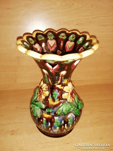 Antique potted majolica funnel vase with flowers - 19.5 cm high (29/d)