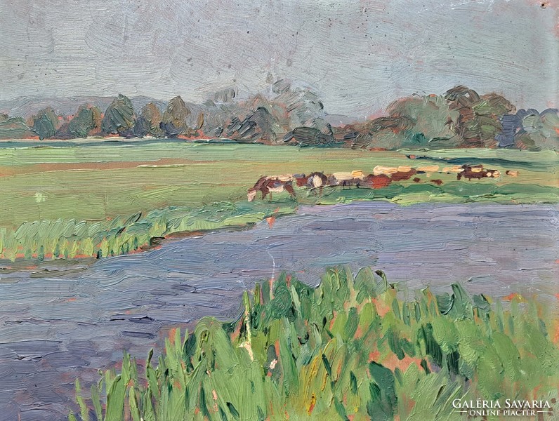 Béla Juzkó oil painting, 1903 - grazing cows in the field