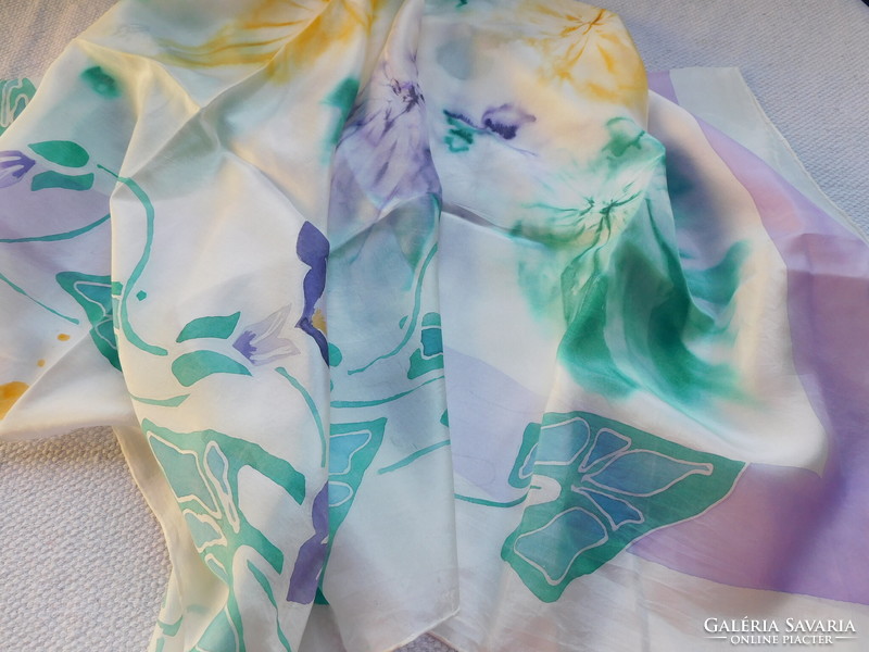 Real silk scarf - hand-painted, morning glory motif