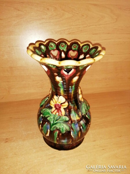 Antik virágos pocakos majolika tölcsér váza - 19,5 cm magas (29/d)