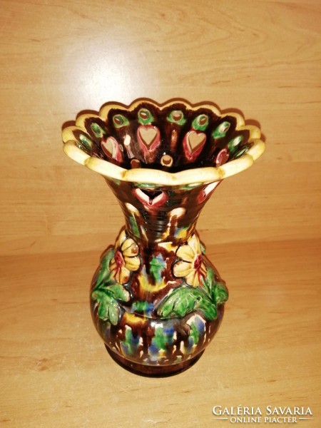 Antique potted majolica funnel vase with flowers - 19.5 cm high (29/d)