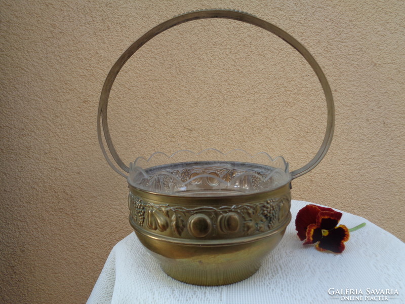 Metal centerpiece, basket, with glass insert, with beautiful grape and fruit patterns on the side