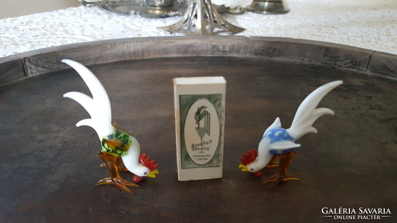 2 miniature glass rooster figurines.