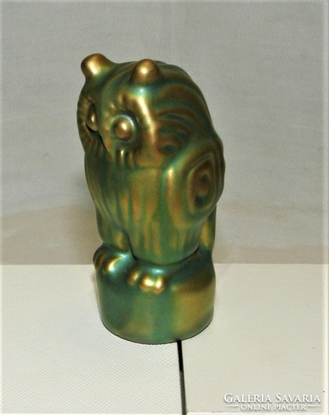Owl zsolnay eozin porcelain - marked with a cat's head