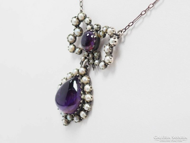 Art Nouveau silver collier with amethyst and seed pearls