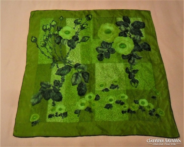 Beautiful black rose silk scarf on a green background (75 x 71 cm)