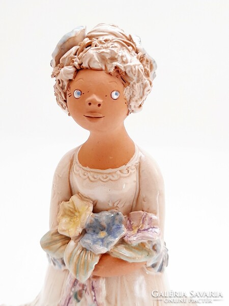 Gerencsér Anna ceramic statue, girl with a bouquet