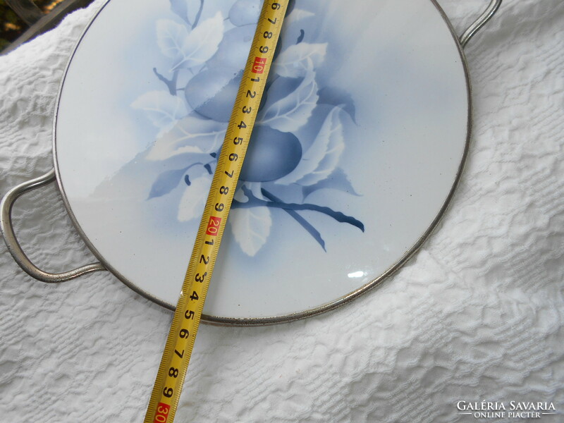 Art Nouveau faience inlaid tray with metal rim, ball feet - fruit pattern