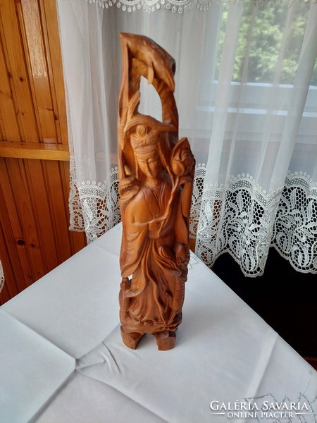 Solid oriental wood sculpture, sandalwood, female figure with flowers and snake