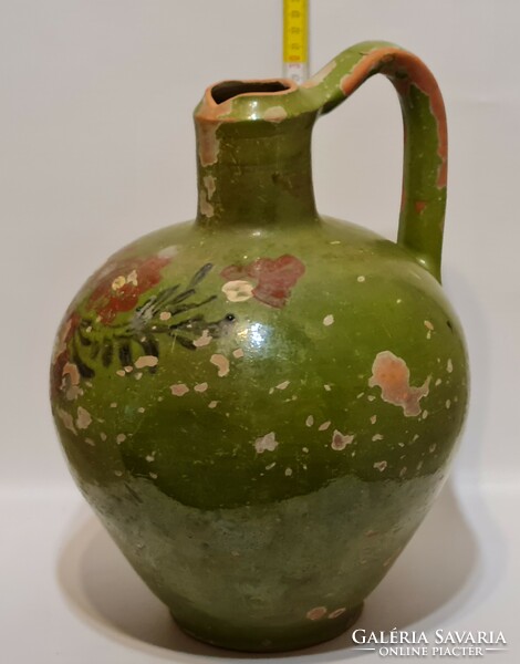 Folk ceramic water jug with red flowers and green glaze (2670)