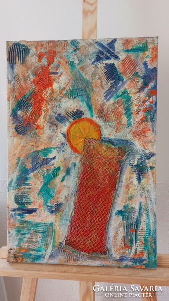 (K) Hangulatos szignózott absztrakt festmény 40x60 cm
