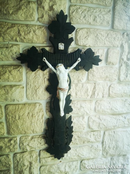 Antique huge 80cm. Body cross carved, biscuit porcelain jesus christ flawless.