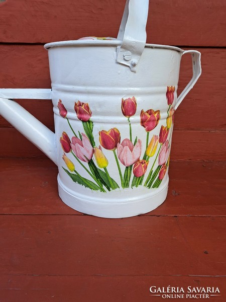 Tin watering can decoupage decoupage for tulip flowers rustic peasant watering can