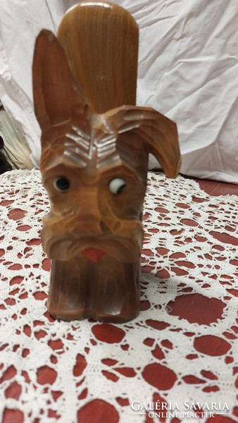 Old, carved wooden, fox dog-shaped clothes brush holder, with brush. About 30-40 years.