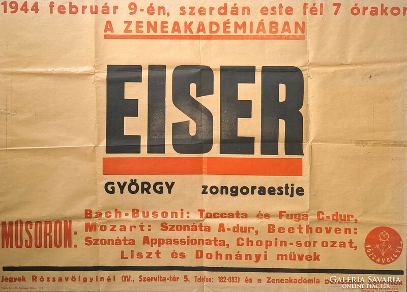 György Eiser's piano concert - poster from 1944 - Jewish pianist, Judaica - Rózsavölgy publishing house