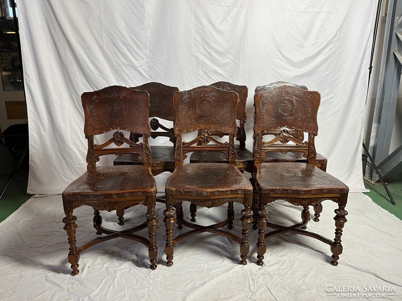 Antik Bécsi Barokk szék nyomott bőr 6db