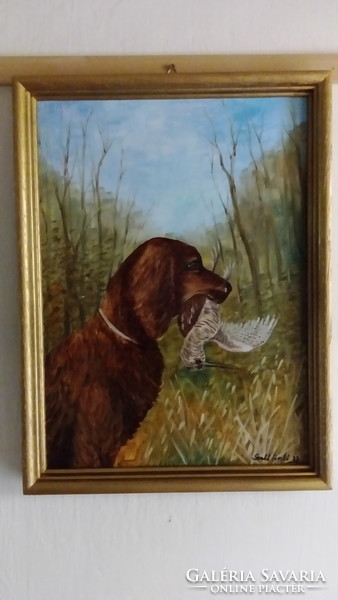 Oil painting by László Szabó. Contemporary. Dog with a muzzle.