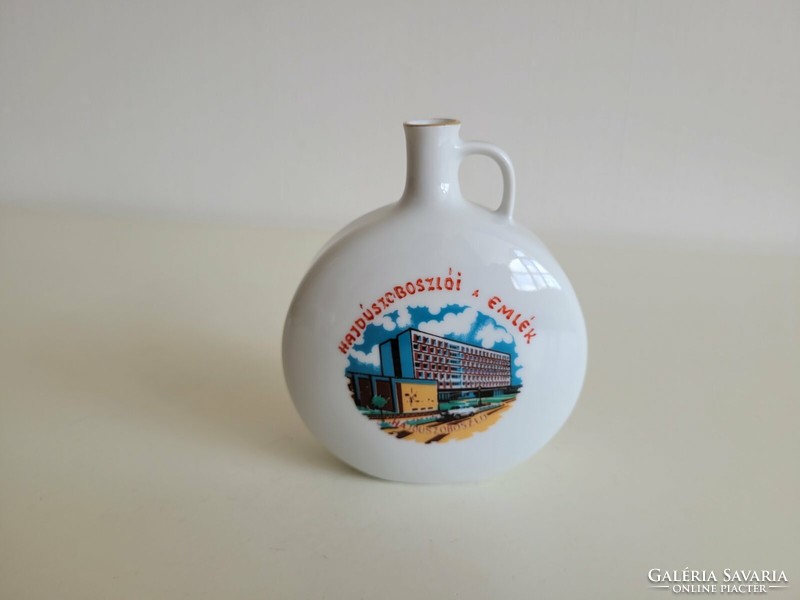 Old Hóllóháza porcelain water bottle Hajdúszoboszló memory with inscription souvenir drinking folk spout mid