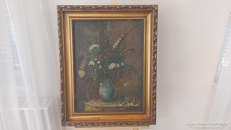 (K) old flower still life painting 62x77 cm with frame