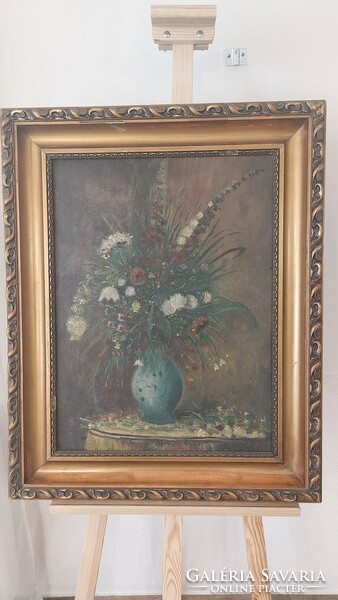 (K) old flower still life painting 62x77 cm with frame