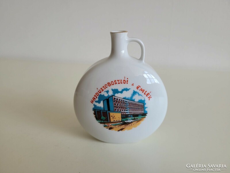 Old Hóllóháza porcelain water bottle Hajdúszoboszló memory with inscription souvenir drinking folk spout mid