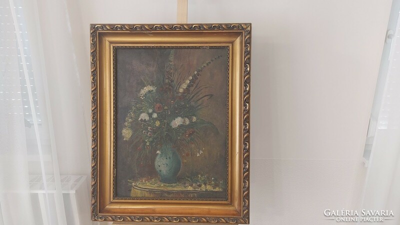 (K) old flower still life painting 62x77 cm with frame