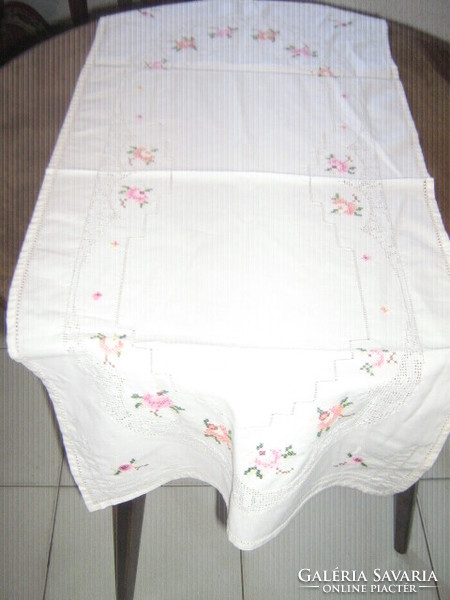 Beautiful Toledo rose tablecloth runner embroidered with small cross stitch