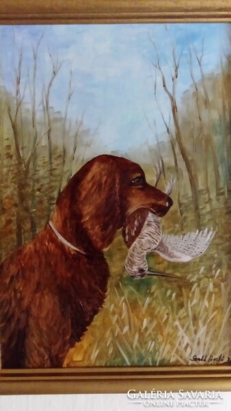 Oil painting by László Szabó. Contemporary. Dog with a muzzle.