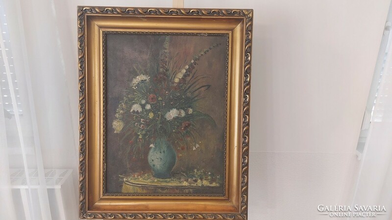 (K) Régi virágcsendélet festmény 62x77 cm kerettel