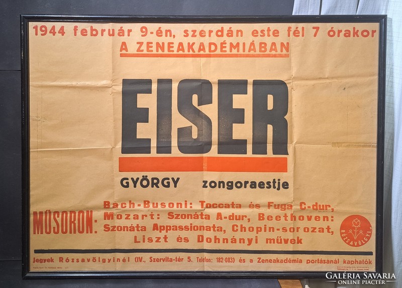 György Eiser's piano concert - poster from 1944 - Jewish pianist, Judaica - Rózsavölgy publishing house