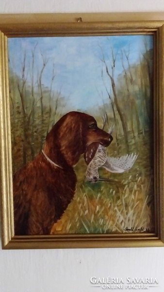 Oil painting by László Szabó. Contemporary. Dog with a muzzle.