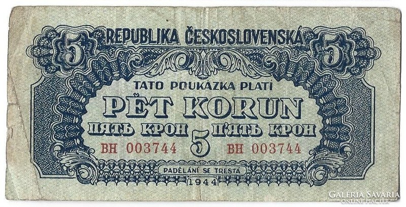 5 korun korona 1944 Csehszlovákia 2.