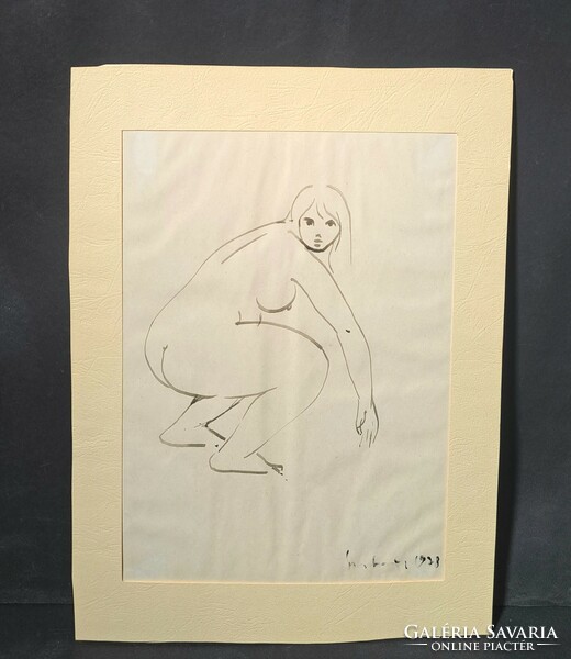 Squatting nude, signed - felt or ink drawing
