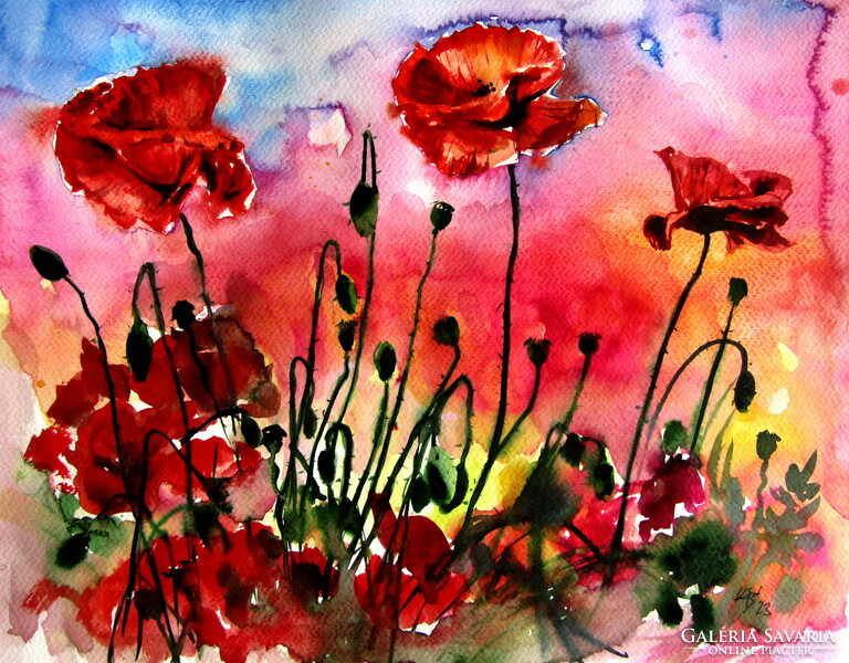Poppies at sunset - watercolor painting