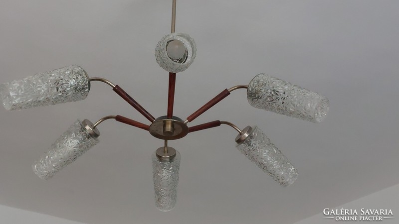 Retro, vintage 6-branch glass chandelier, ceiling lamp, mid century, space age