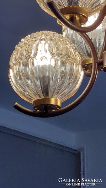 Retro, vintage hibátlan állapotú 6 ágú üveg burás csillár, mennyezeti lámpa, mid century, space age