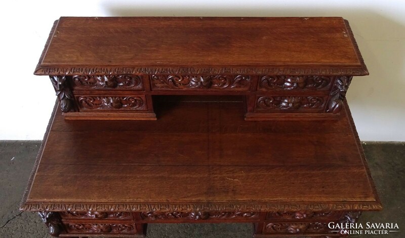 1N323 old 10-drawer carved faun head desk 135 cm