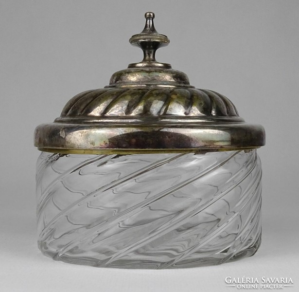 1N334 antique glass sugar bowl with silver-plated lid