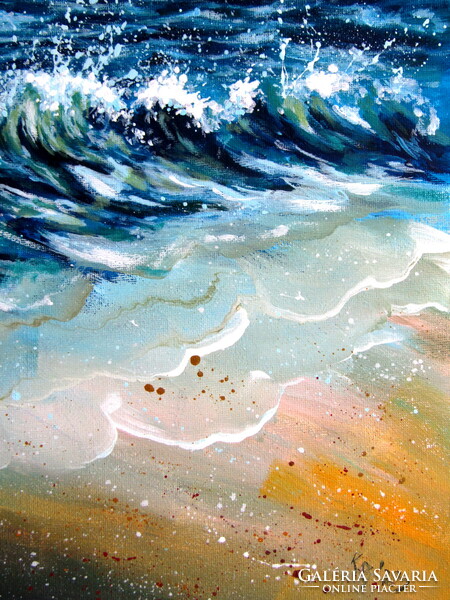 Waves on the beach - acrylic painting / hullámok a tengerparton . akril festmény