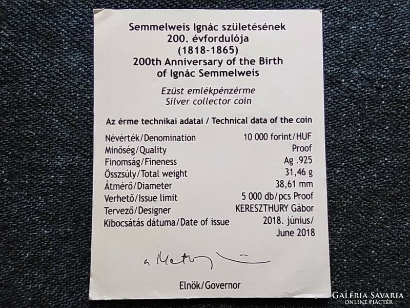 Semmelweis születésének 200. évfordulója .925 ezüst 10000 Forint 2018 tanúsítványa (id58796)
