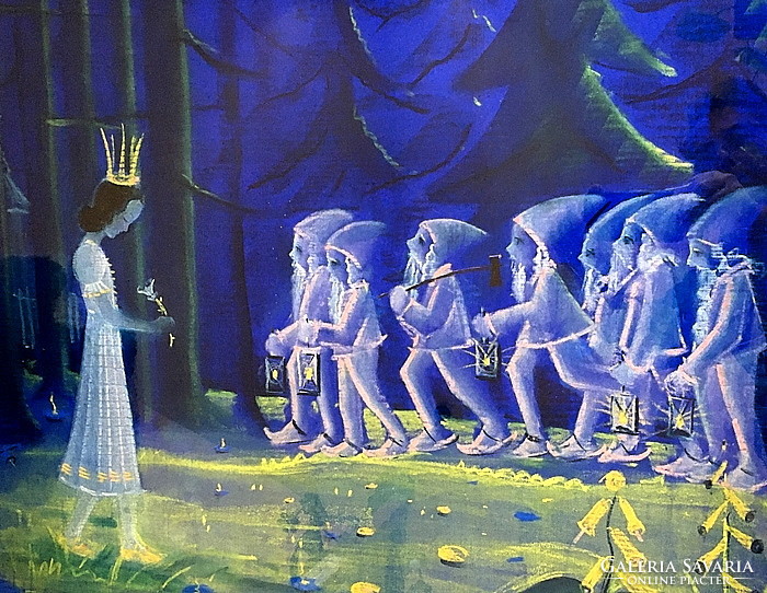Art deco pasztell kép, Hófehérke a törpékkel,kerettel :61 x 71 cm