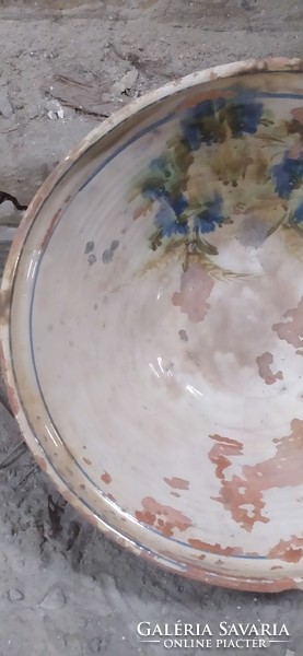Large antique folk earthenware wedding bowl