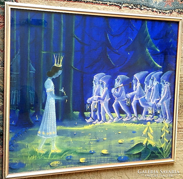Art deco pastel image, snow white with dwarves, frame: 61 x 71 cm