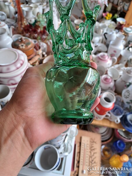 Beautiful beautiful green glass vase with openwork nostalgia piece, collectible beauty mid century modern