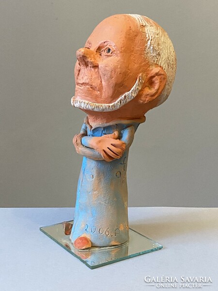 Géza Jeszenszky, a caricature-like portrait ceramic sculpture of a politician and public figure