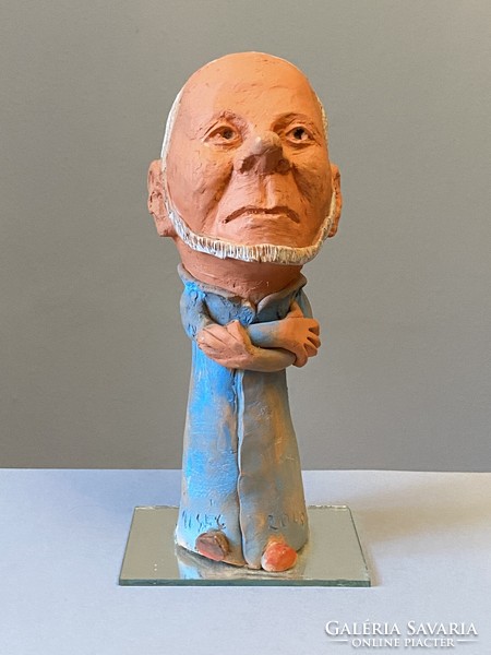 Géza Jeszenszky, a caricature-like portrait ceramic sculpture of a politician and public figure